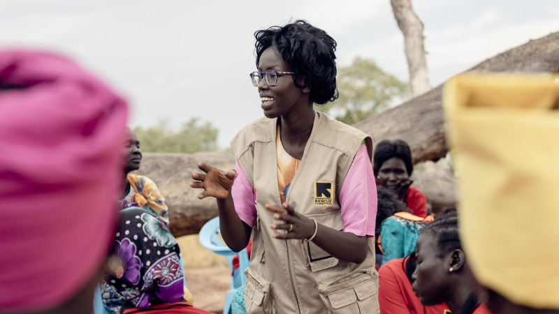 Tabetha animates the women during a coffee, tea and talk session at the Women and Girls Safe space in Jamjang, South Sudan, Monday, Oct. 11, 2021.